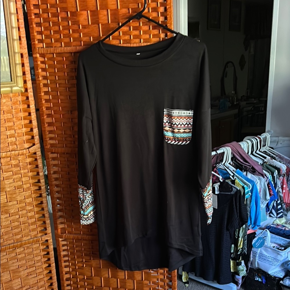 Black Long Sleeve Top with Patterned Accents